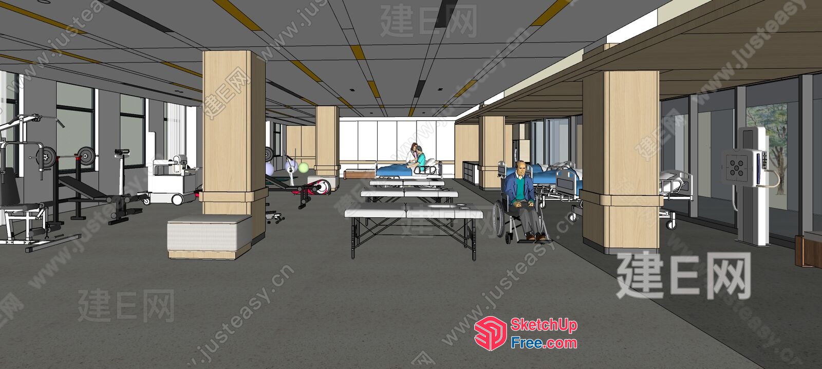 A Gym With Exercise Equipment And Massage Tables 3D SketchUp File