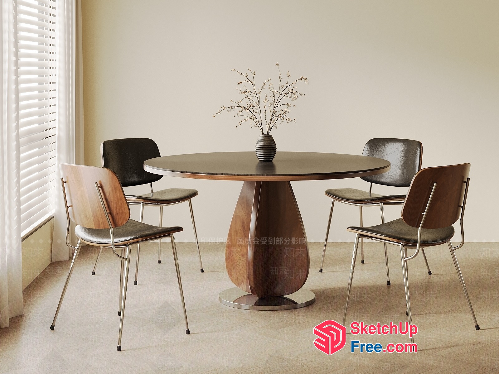 Modern Dining Table With Dark Wood And Sleek Metal Legs 3D SketchUp File