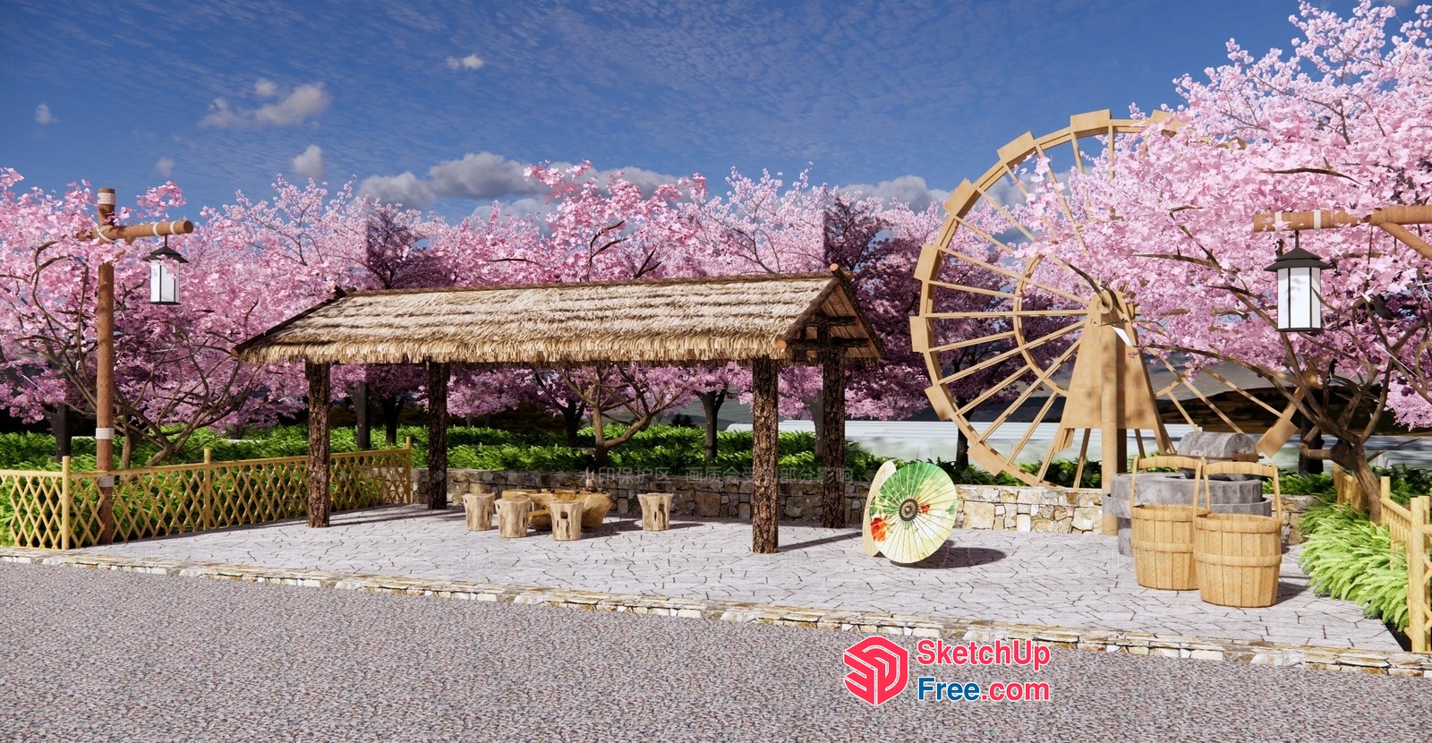 Traditional Japanese Water Wheel Scene 3D SketchUp File