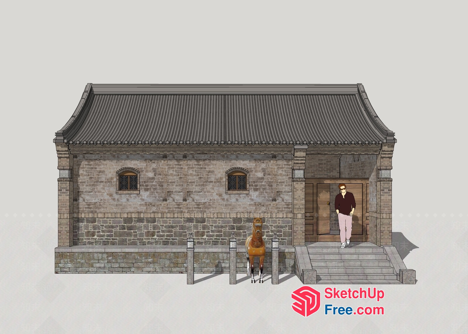 Traditional Asian Building With Horse And Man 3D SketchUp File