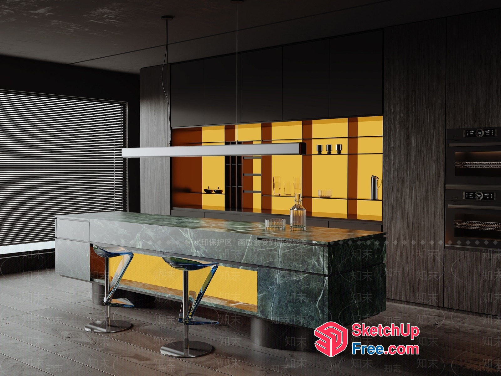 Modern Kitchen Island With Green Marble And Yellow Lighting 3D SketchUp File