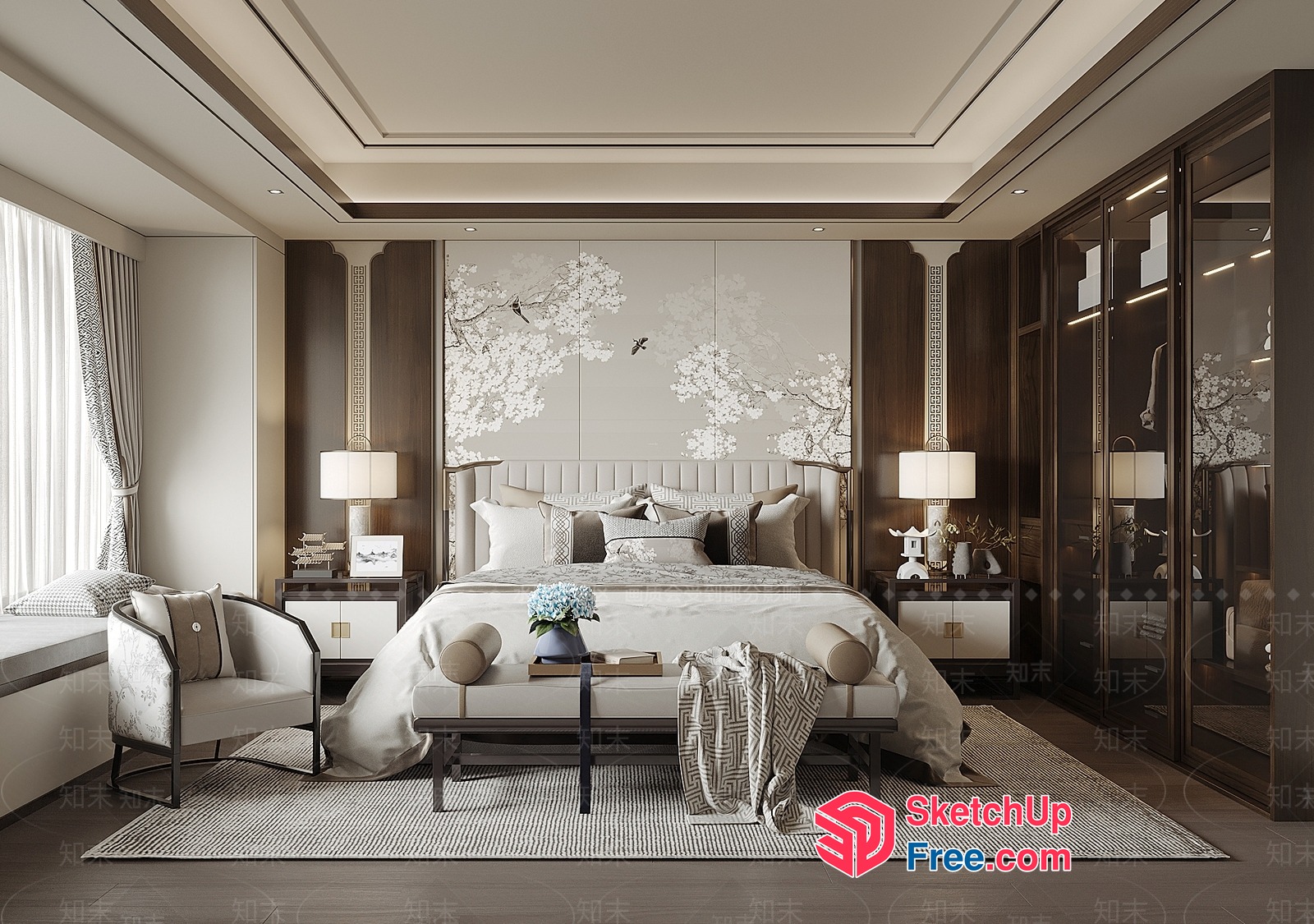 Elegant Modern Bedroom With White And Brown Decor 3D SketchUp File