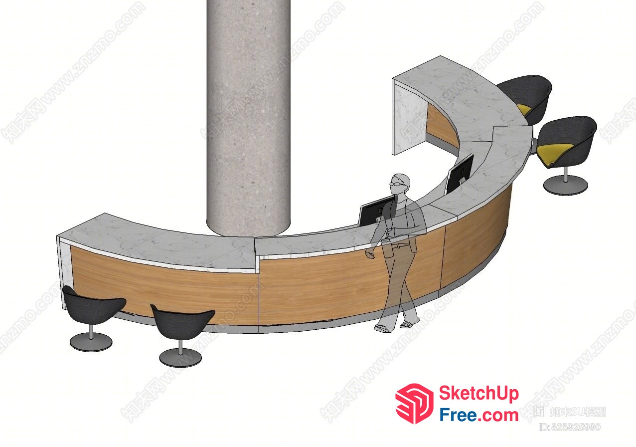 Curved Reception Desk With Pillar And Chairs 3D SketchUp File