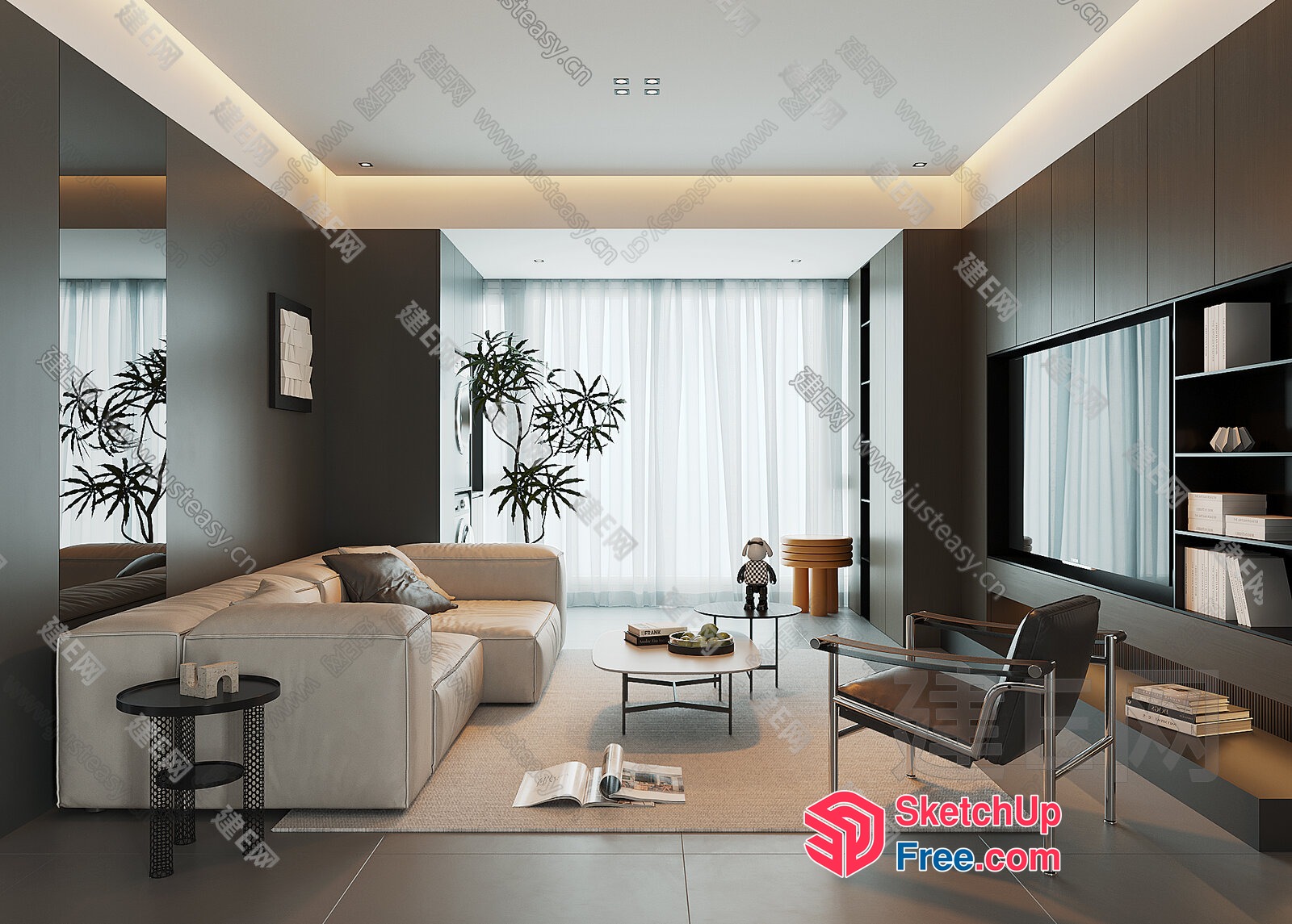 Modern Minimalist Living Room With Creamy Style Sofa 3D SketchUp File