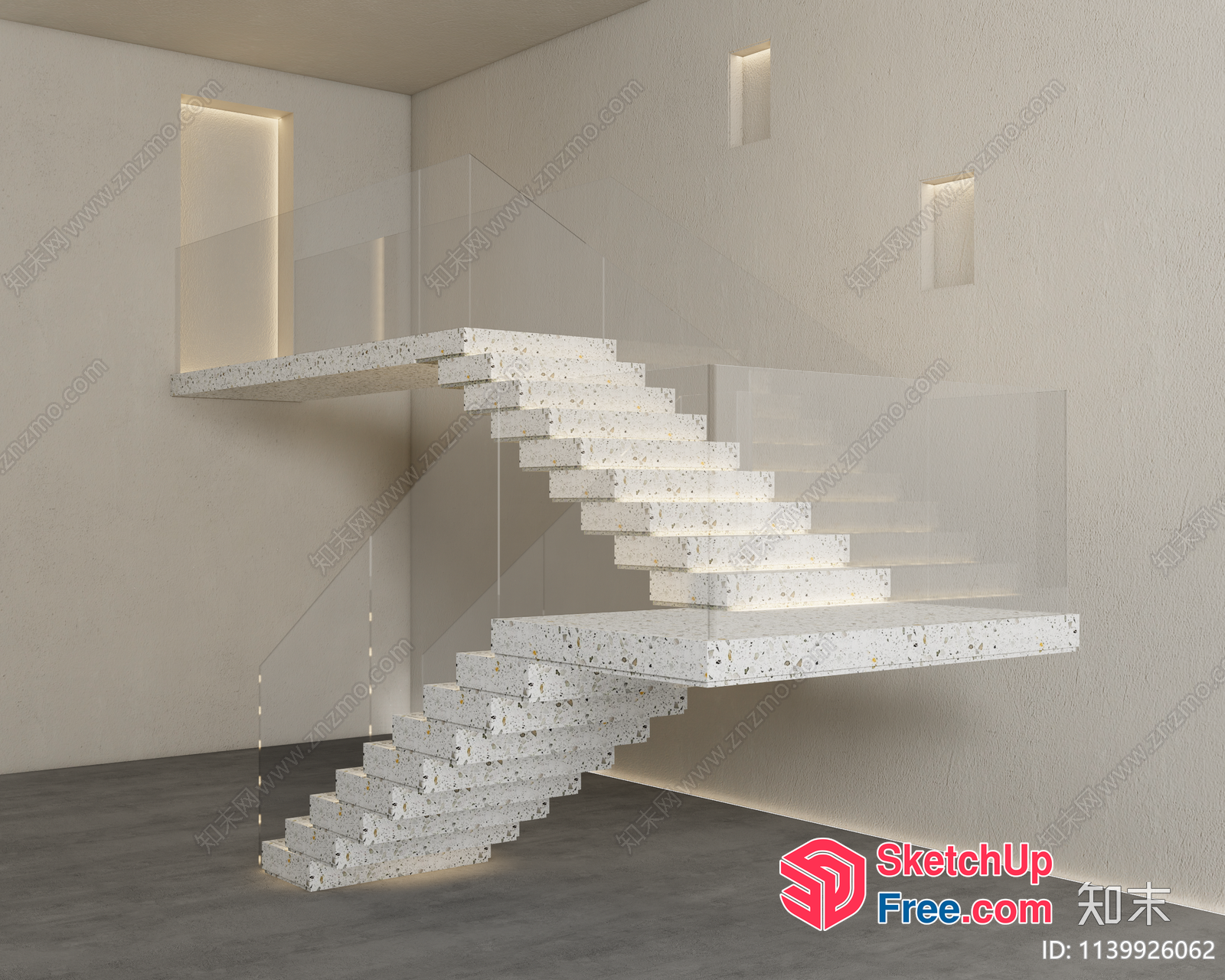 Minimalist White Staircase With Floating Balcony 3D SketchUp File