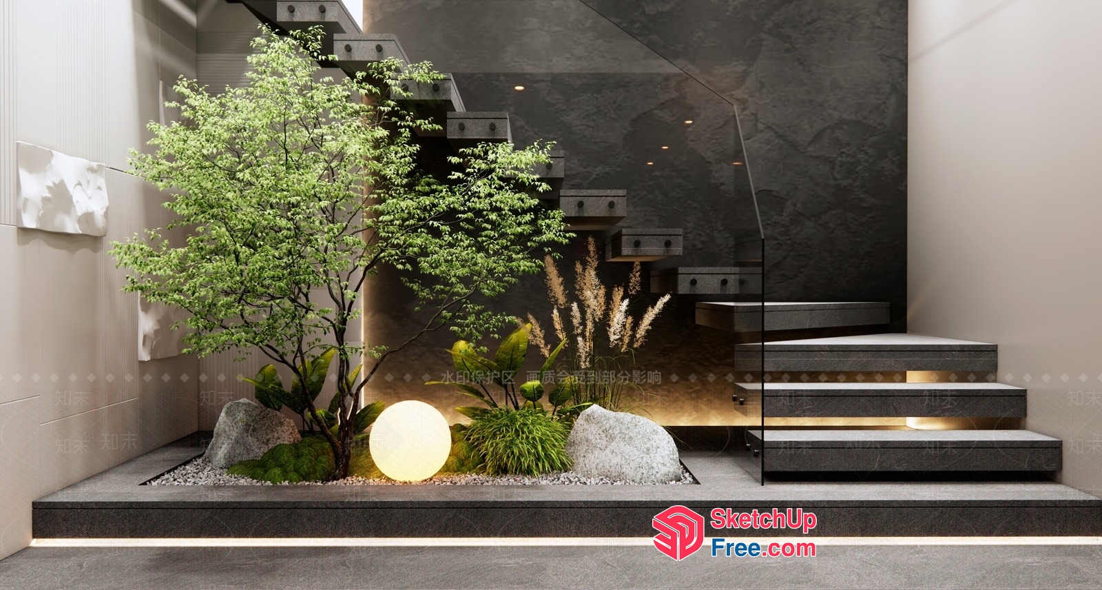 Modern Staircase With Glass Railings And Potted Plants 3D SketchUp File
