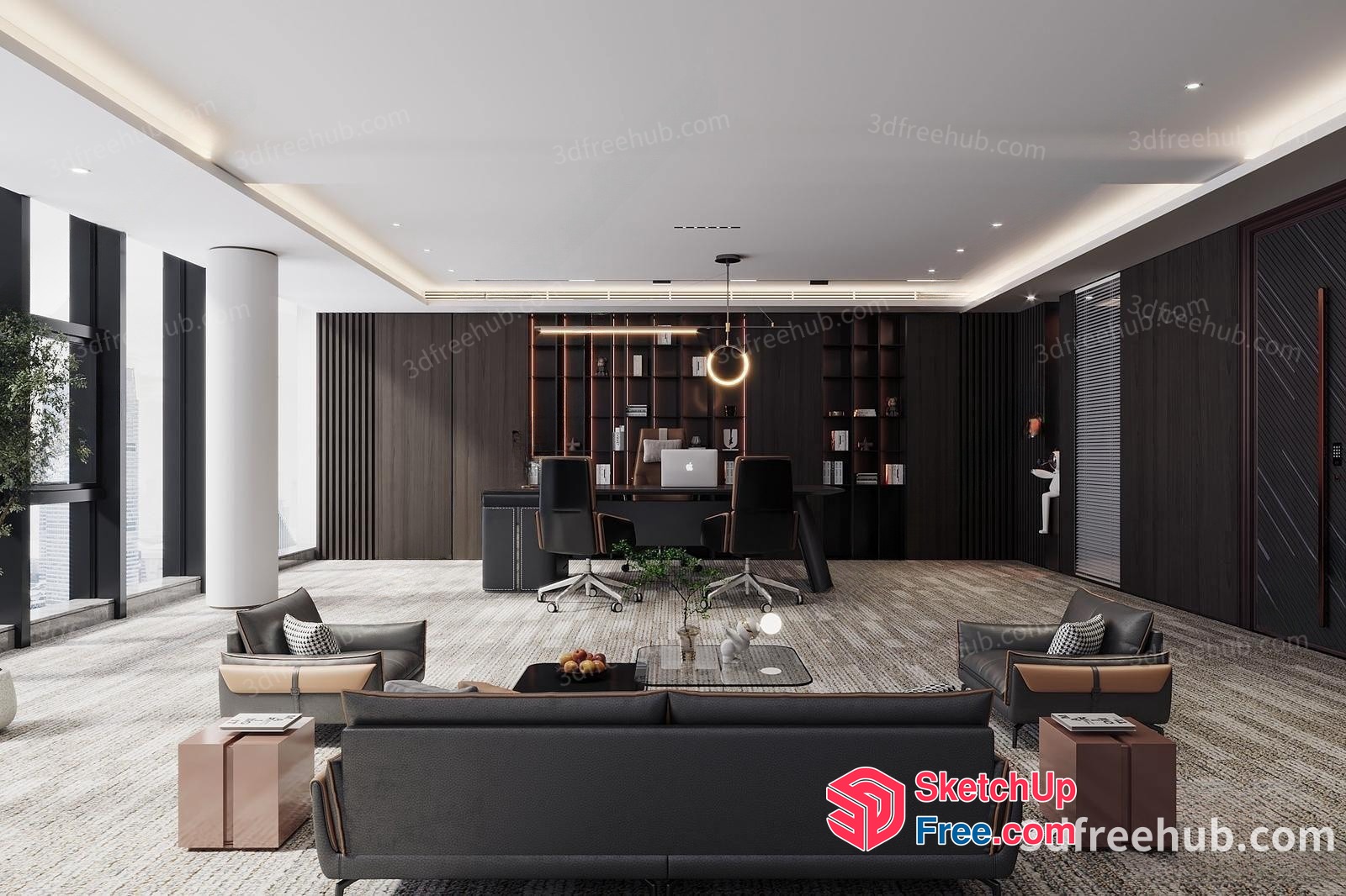 Modern Office Interior With Dark Wood Accents 3D SketchUp File