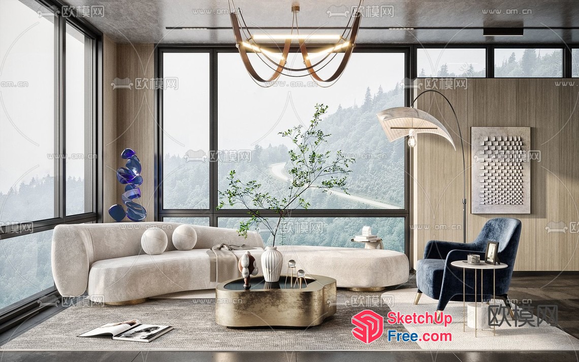 Modern Living Room With Panoramic Window View 3D SketchUp File