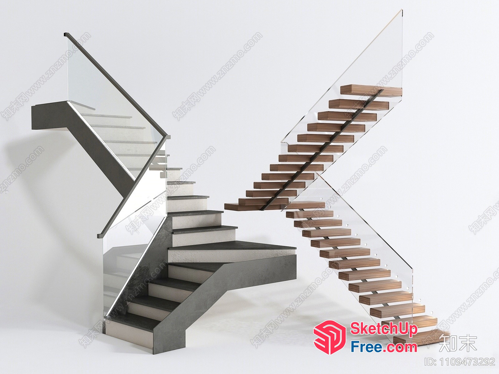 Modern Staircase Design With Glass Railings And Wooden Steps 3D SketchUp File