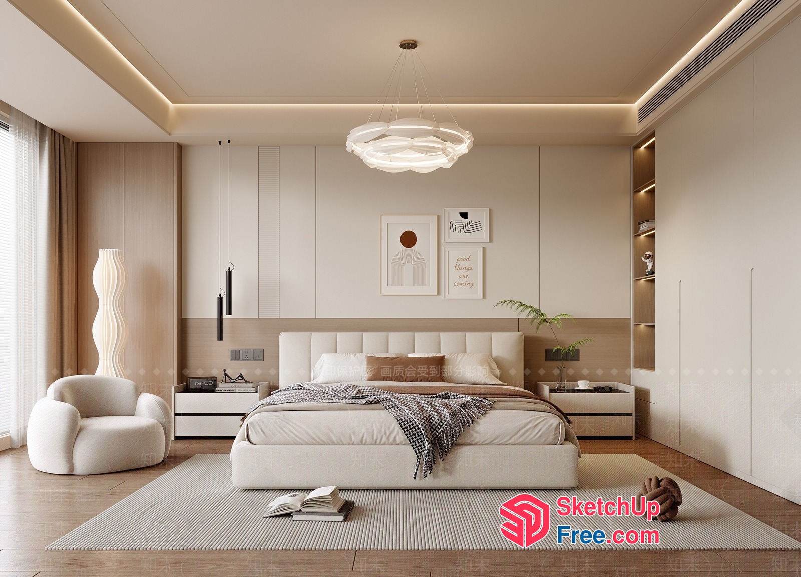Modern Minimalist Bedroom With White And Creamy Style 3D SketchUp File