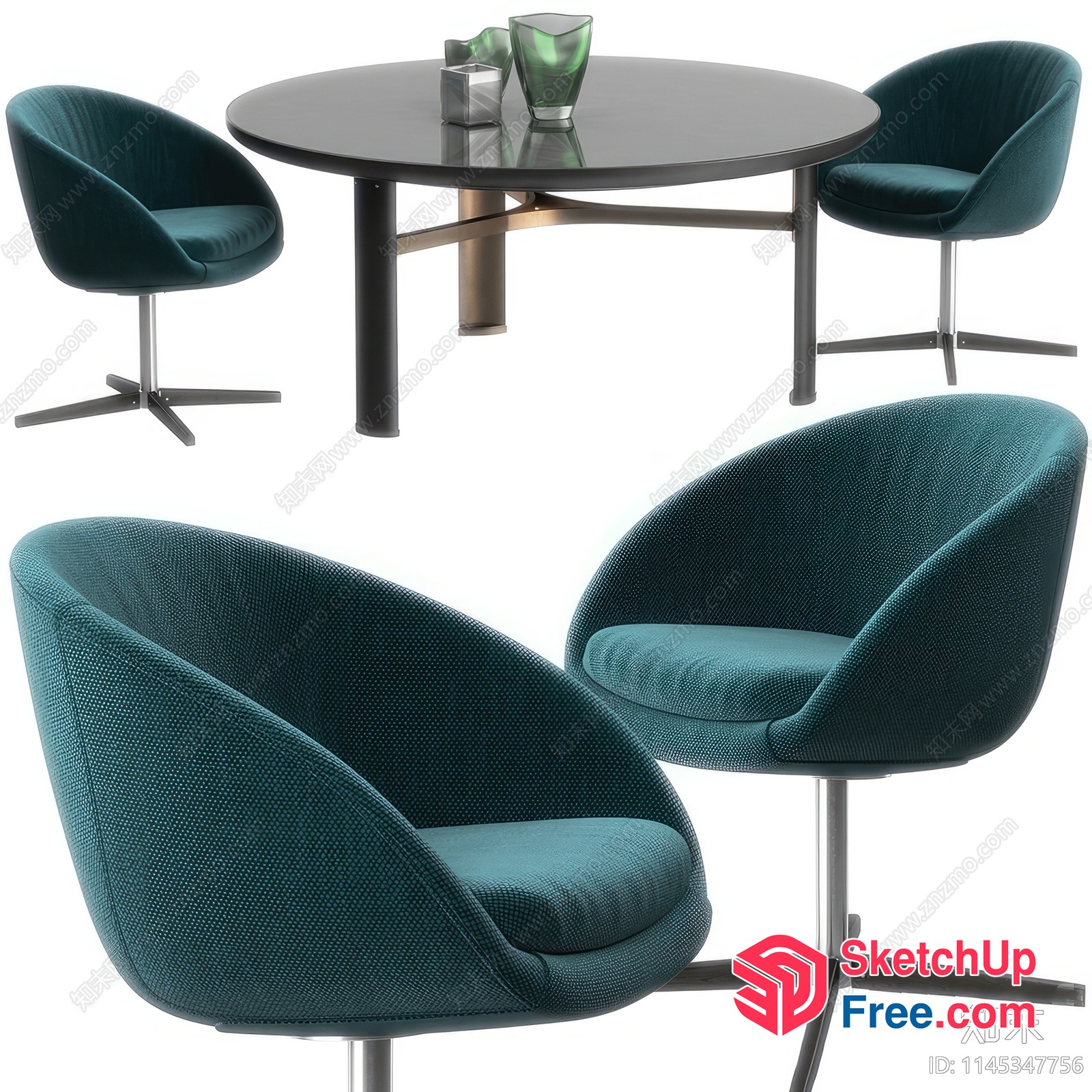 Elegant Modern Dining Room Set With Round Table And Green Chairs 3D SketchUp File
