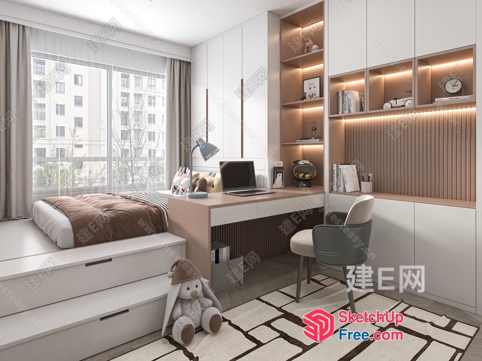 Modern Minimalist Bedroom With Built-In Desk And Shelves 3D SketchUp File
