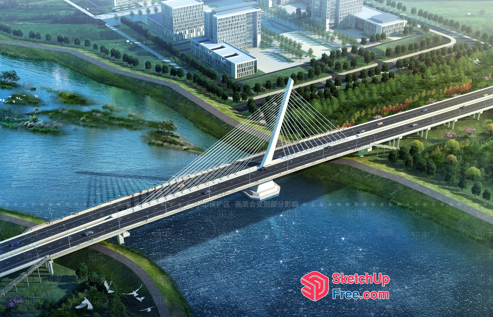 Modern Bridge Over Serene Waterway 3D SketchUp File