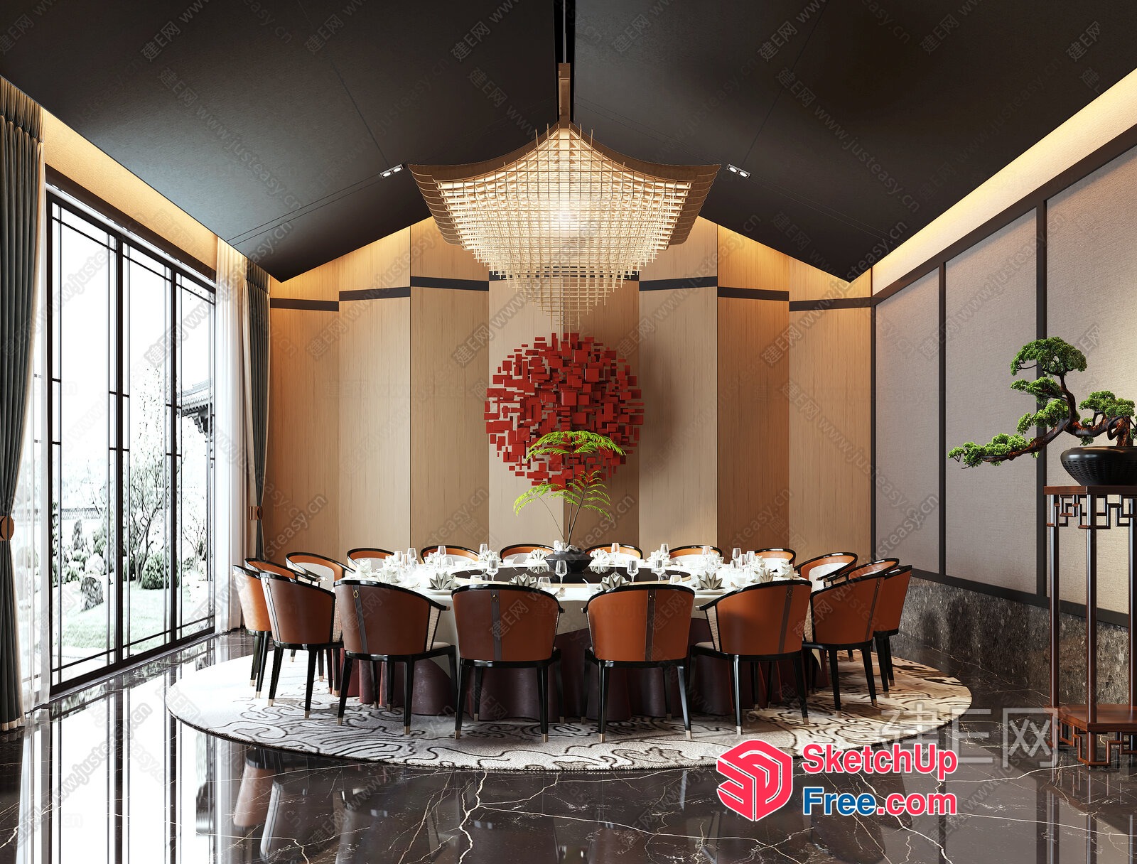 Elegant Dining Room With Chandelier And Large Table 3D SketchUp File