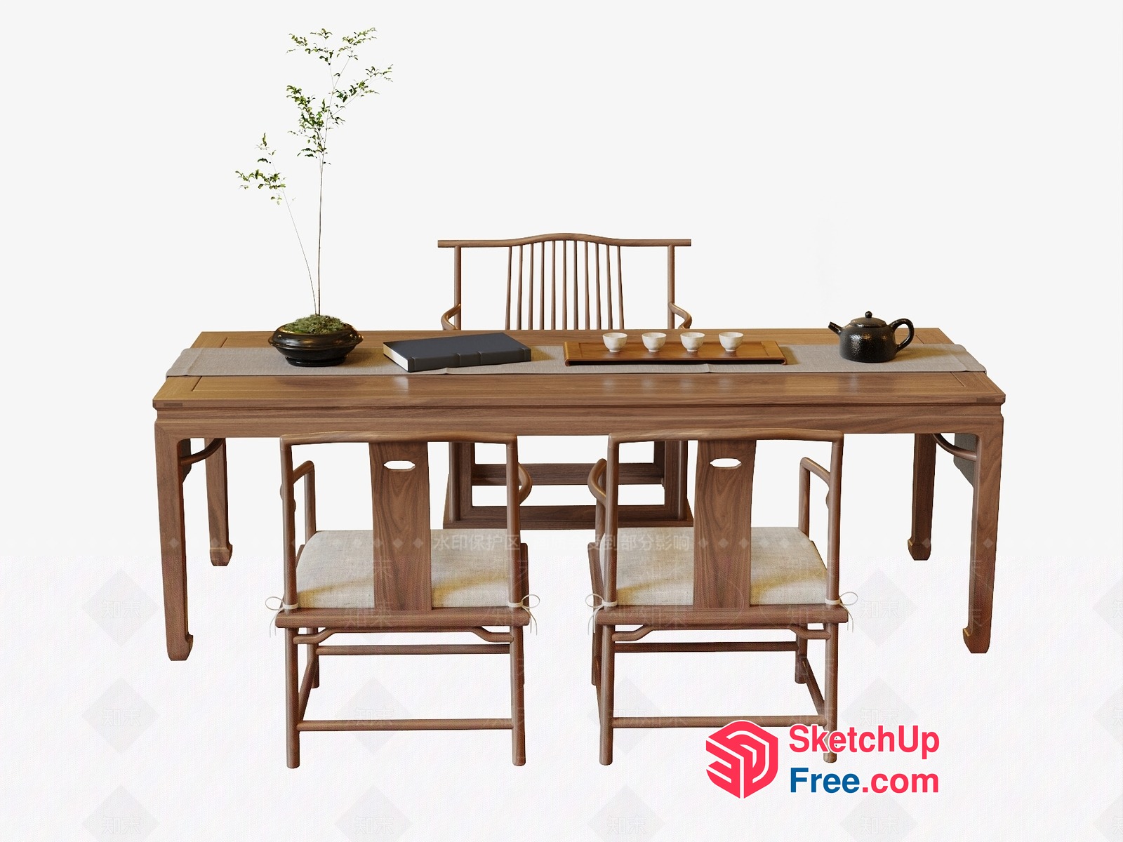 Elegant Japanese Style Tea Table Set With Traditional Chairs 3D SketchUp File