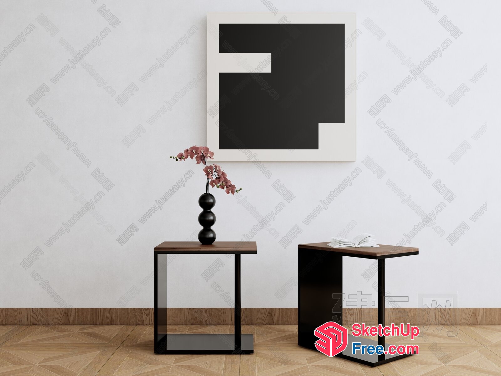 Minimalist Side Table With Wooden Top And Black Metal Legs 3D SketchUp File